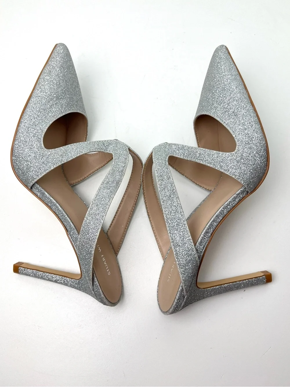 Stuart Weitzman Silver Glitter Crossover Pointed Toe Holiday High Heel Mule